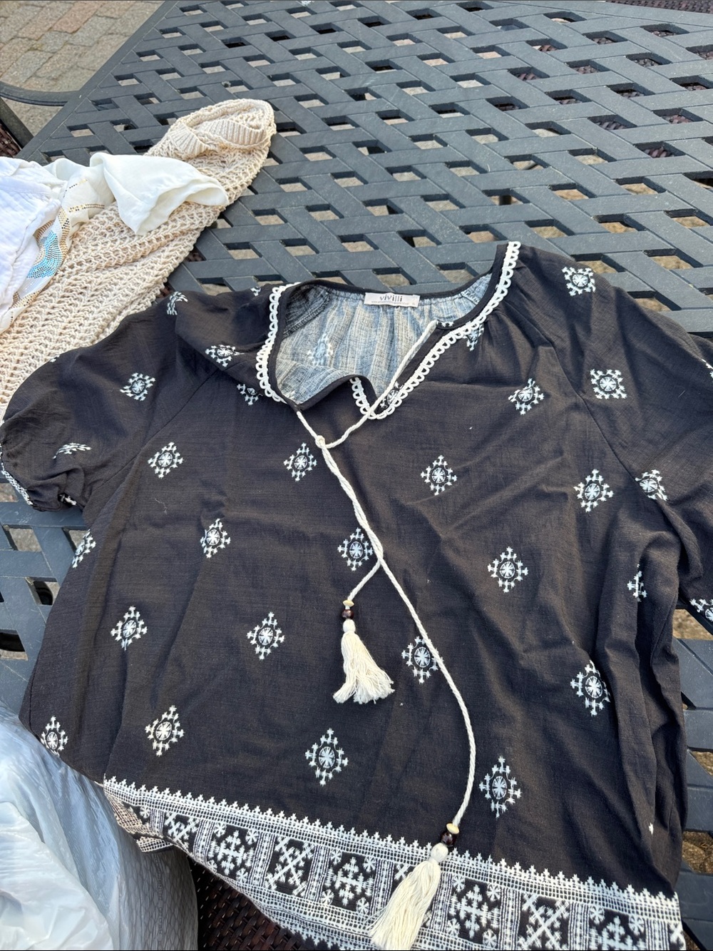 Embroidered Tassel Tie Black Cotton Tunic Top